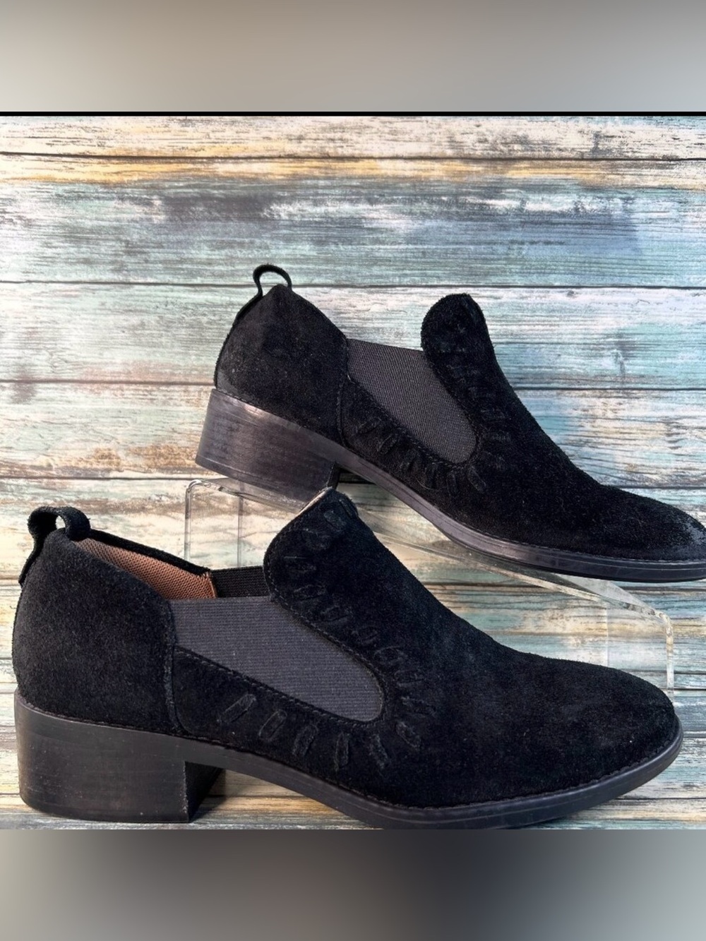 Montana Chelsea Booties Womens 10M Black Suede Slip On Low Block Heel Ankle